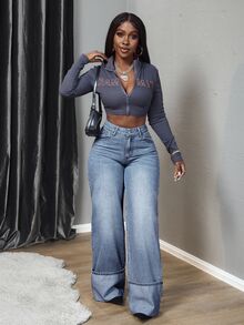 SHEIN Tall Women's High Waist Pockets Wide Leg Loose Casual Versatile Jeans, Tall Women - Blue - View 4