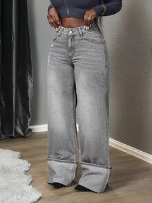 SHEIN Tall Women's Pocket Button Casual Versatile Daily Wear Wide Leg Jeans, Tall Women - Grey - View 2