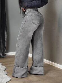 SHEIN Tall Women's Pocket Button Casual Versatile Daily Wear Wide Leg Jeans, Tall Women - Grey - View 3
