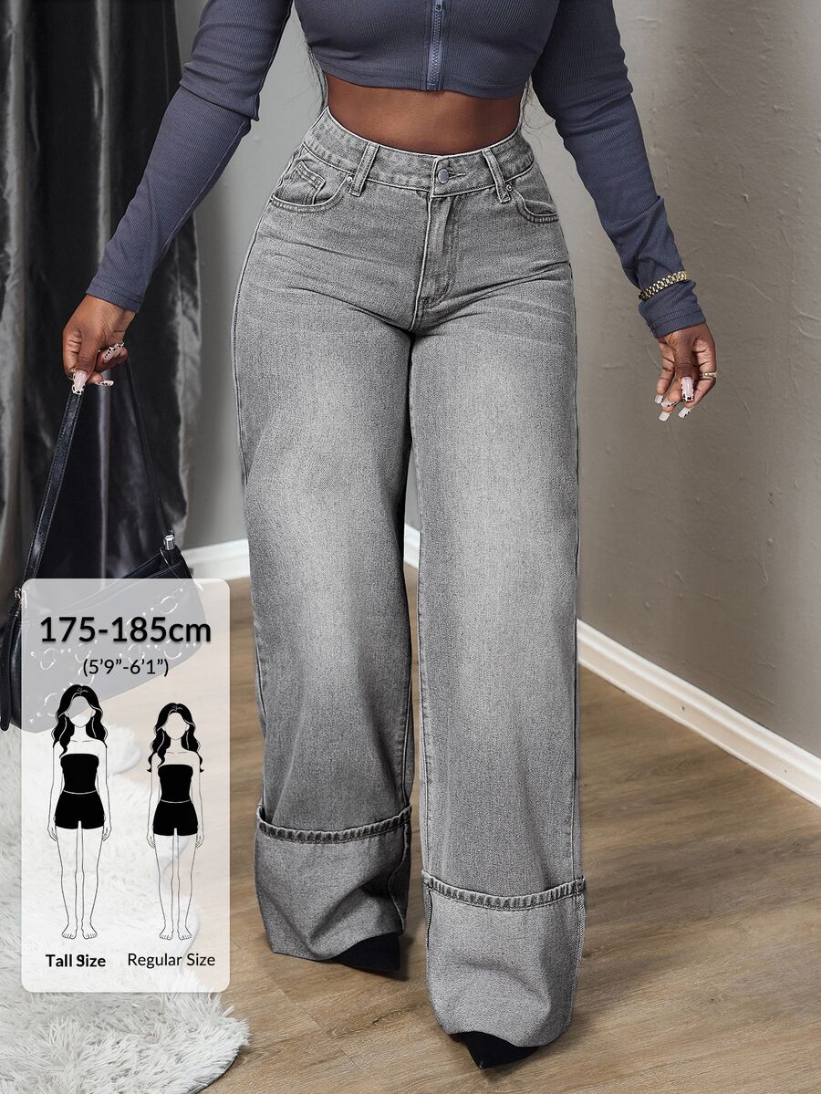 SHEIN Tall Women's Pocket Button Casual Versatile Daily Wear Wide Leg Jeans, Tall Women - Grey - View 1