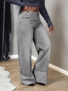 SHEIN Tall Women's Pocket Button Casual Versatile Daily Wear Wide Leg Jeans, Tall Women - Grey - View 5