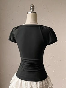 Attitoon 哥德風 Y2K 女款純色鈕扣設計短袖修身基本款上衣 - 黑色 - 查看 2