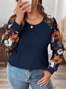 Comfylo Camiseta de manga raglán con estampado floral de contraste talla grande - Azul Marino - Ver 3