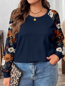 Comfylo Camiseta de manga raglán con estampado floral de contraste talla grande - Azul Marino - Ver 6