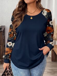 Comfylo Camiseta de manga raglán con estampado floral de contraste talla grande - Azul Marino - Ver 1