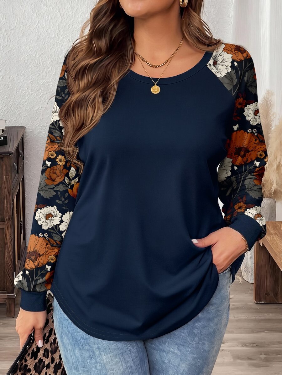 Comfylo Camiseta de manga raglán con estampado floral de contraste talla grande - Azul Marino - Ver 1
