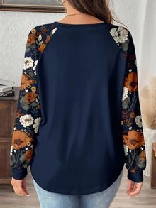 Comfylo Camiseta de manga raglán con estampado floral de contraste talla grande - Azul Marino - Ver 2