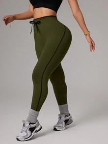 SHEIN Rhythm Era 加大码绿色抽绳腰修身休闲运动紧身裤 - 綠色 - 查看 6
