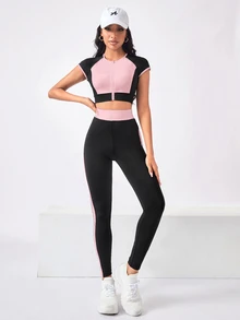 SHEIN Rhythm Era 2件組休閒百搭大尺碼上衣搭配拉鍊設計字母印花修身長褲運動套裝 運動健身 夏季 淡粉色、黑色與金色 - 彩色 - 查看 4
