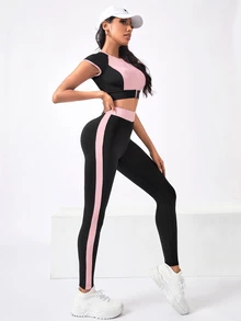 SHEIN Rhythm Era 2件組休閒百搭大尺碼上衣搭配拉鍊設計字母印花修身長褲運動套裝 運動健身 夏季 淡粉色、黑色與金色 - 彩色 - 查看 7