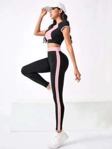SHEIN Rhythm Era 2件組休閒百搭大尺碼上衣搭配拉鍊設計字母印花修身長褲運動套裝 運動健身 夏季 淡粉色、黑色與金色 - 彩色 - 查看 5