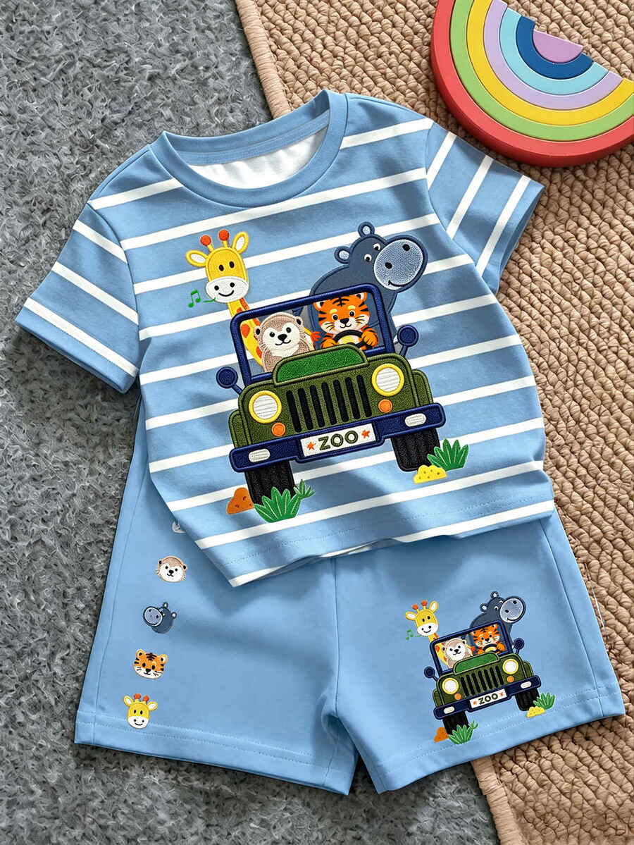 SHEIN LMoss Kids 男嬰休閒極簡卡通圖案短袖T恤與短褲套裝,適合夏季 - 彩色 - 查看 1