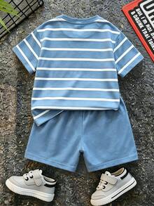 SHEIN LMoss Kids 男嬰休閒極簡卡通圖案短袖T恤與短褲套裝，適合夏季 - 彩色 - 查看 4