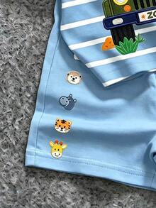 SHEIN LMoss Kids 男嬰休閒極簡卡通圖案短袖T恤與短褲套裝，適合夏季 - 彩色 - 查看 3