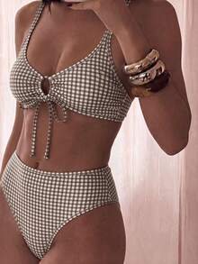 Costavie 2026 Spring/Summer Adjustable Strap Checkered Random Print High Waist Bikini Set, Vacation Swimwear For Women - Multicolor - View 1