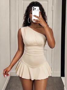BamGleam Asymmetrical Neck Ruffle Trimmed Lady's Skinny Jumpsuit - Apricot - View 6