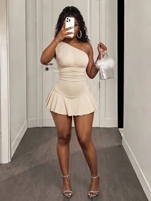 BamGleam Asymmetrical Neck Ruffle Trimmed Lady's Skinny Jumpsuit - Apricot - View 4