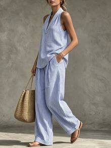 Glimmora Women's Striped Halter Top And Long Pants 2 Pieces Set - Blue - View 5
