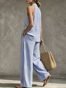 Glimmora Women's Striped Halter Top And Long Pants 2 Pieces Set - Blue - View 2