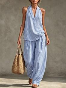 Glimmora Women's Striped Halter Top And Long Pants 2 Pieces Set - Blue - View 3