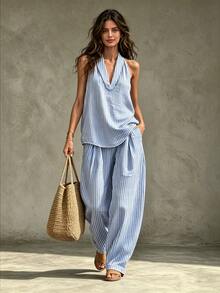 Glimmora Women's Striped Halter Top And Long Pants 2 Pieces Set - Blue - View 1