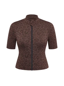 Rhythm Era Plus Size Women Seamless Leopard Print Zip-Up Short Sleeve Jacket - Coffee Brown - View 2
