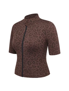 Rhythm Era Plus Size Women Seamless Leopard Print Zip-Up Short Sleeve Jacket - Coffee Brown - View 4