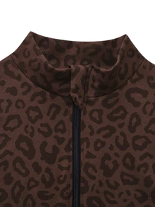 Rhythm Era Plus Size Women Seamless Leopard Print Zip-Up Short Sleeve Jacket - Coffee Brown - View 6