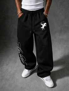 Manfinity EMRG Men's Letter Print Drawstring Waist Pocket Casual Loose Sweatpants - Black - View 1