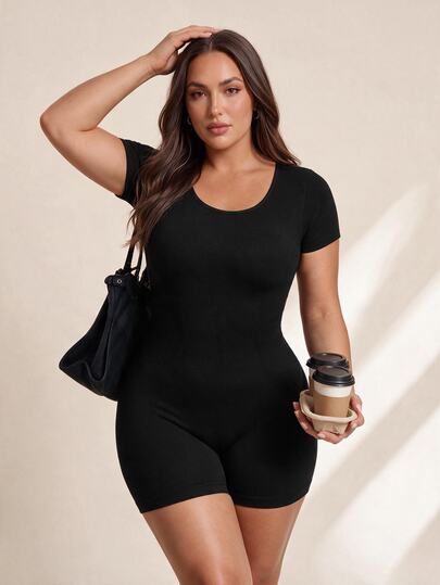 SHEIN Rhythm Era Jumpsuit Yoga Tanpa Jahitan Ukuran Besar, Pakaian Olahraga Satu Potong untuk Yoga, Latihan, Kebugaran, Lari, Jumpsuit Pembentuk Tubuh Lengan Pendek Tanpa Punggung