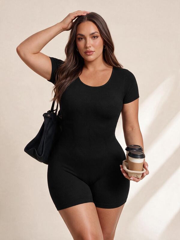 SHEIN Rhythm Era Jumpsuit Yoga Tanpa Jahitan Ukuran Besar, Pakaian Olahraga Satu Potong untuk Yoga, Latihan, Kebugaran, Lari, Jumpsuit Pembentuk Tubuh Lengan Pendek Tanpa Punggung