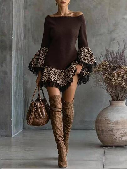 Trelyra French Vintage Woven Long Sleeve Brown Fleece Patchwork Leopard Print, Hem Tassel Design, Women's Casual Dress, Elegant Women's Dress, Autumn Women's Dress, Autumn Outfit, Country Style Dress, Women's Country Style Clothing, Country Style, Women's Holiday Outfit, Women's Casual Dress, New Autumn Women's Dress