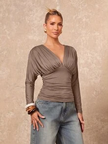 Lumalex Women's Solid Color Deep V-Neck Pleated Fitted Versatile Daily Casual Long Sleeve Top - Grey - View 5