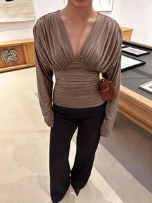 Lumalex Women's Solid Color Deep V-Neck Pleated Fitted Versatile Daily Casual Long Sleeve Top - Grey - View 9