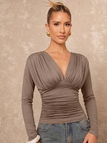 Lumalex Women's Solid Color Deep V-Neck Pleated Fitted Versatile Daily Casual Long Sleeve Top - Grey - View 6