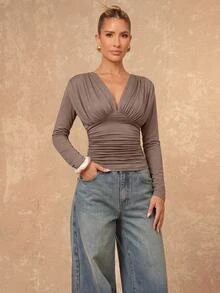 Lumalex Women's Solid Color Deep V-Neck Pleated Fitted Versatile Daily Casual Long Sleeve Top - Grey - View 2