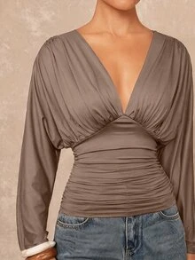 Lumalex Women's Solid Color Deep V-Neck Pleated Fitted Versatile Daily Casual Long Sleeve Top - Grey - View 7