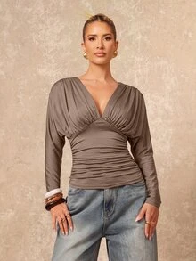Lumalex Women's Solid Color Deep V-Neck Pleated Fitted Versatile Daily Casual Long Sleeve Top - Grey - View 10