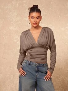 Lumalex Women's Solid Color Deep V-Neck Pleated Fitted Versatile Daily Casual Long Sleeve Top - Grey - View 8