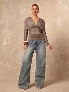 Lumalex Women's Solid Color Deep V-Neck Pleated Fitted Versatile Daily Casual Long Sleeve Top - Grey - View 12