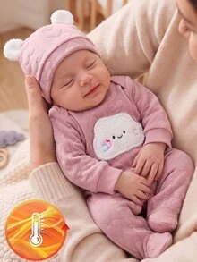 SHEIN 新生兒淡粉色極簡風女嬰中性時尚可愛熊圖案長袖連身包屁衣附腳套秋冬款，含帽子2件組 - 粉色 - 查看 9