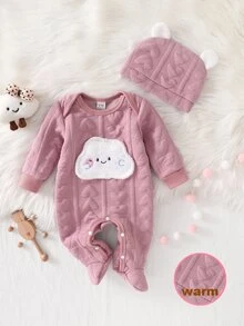 SHEIN 新生兒淡粉色極簡風女嬰中性時尚可愛熊圖案長袖連身包屁衣附腳套秋冬款，含帽子2件組 - 粉色 - 查看 8