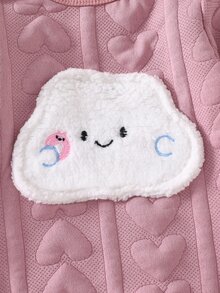 SHEIN 新生兒淡粉色極簡風女嬰中性時尚可愛熊圖案長袖連身包屁衣附腳套秋冬款，含帽子2件組 - 粉色 - 查看 6