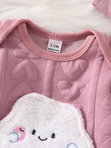SHEIN 新生兒淡粉色極簡風女嬰中性時尚可愛熊圖案長袖連身包屁衣附腳套秋冬款，含帽子2件組 - 粉色 - 查看 7