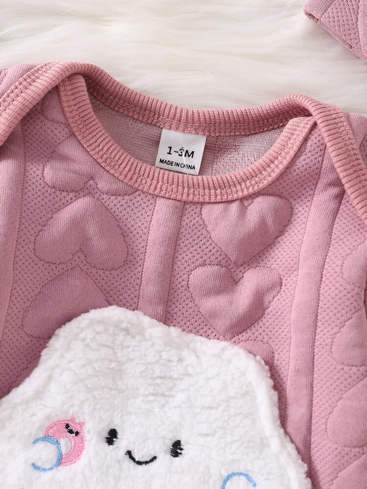 SHEIN Newborn Pastel Pink Minimalist Babygirl Gender Neutral Fashion Cute Bear Pattern Long Sleeve Footed Autumn/Winter Romper And Hat 2pcs Set - Pink - View 6