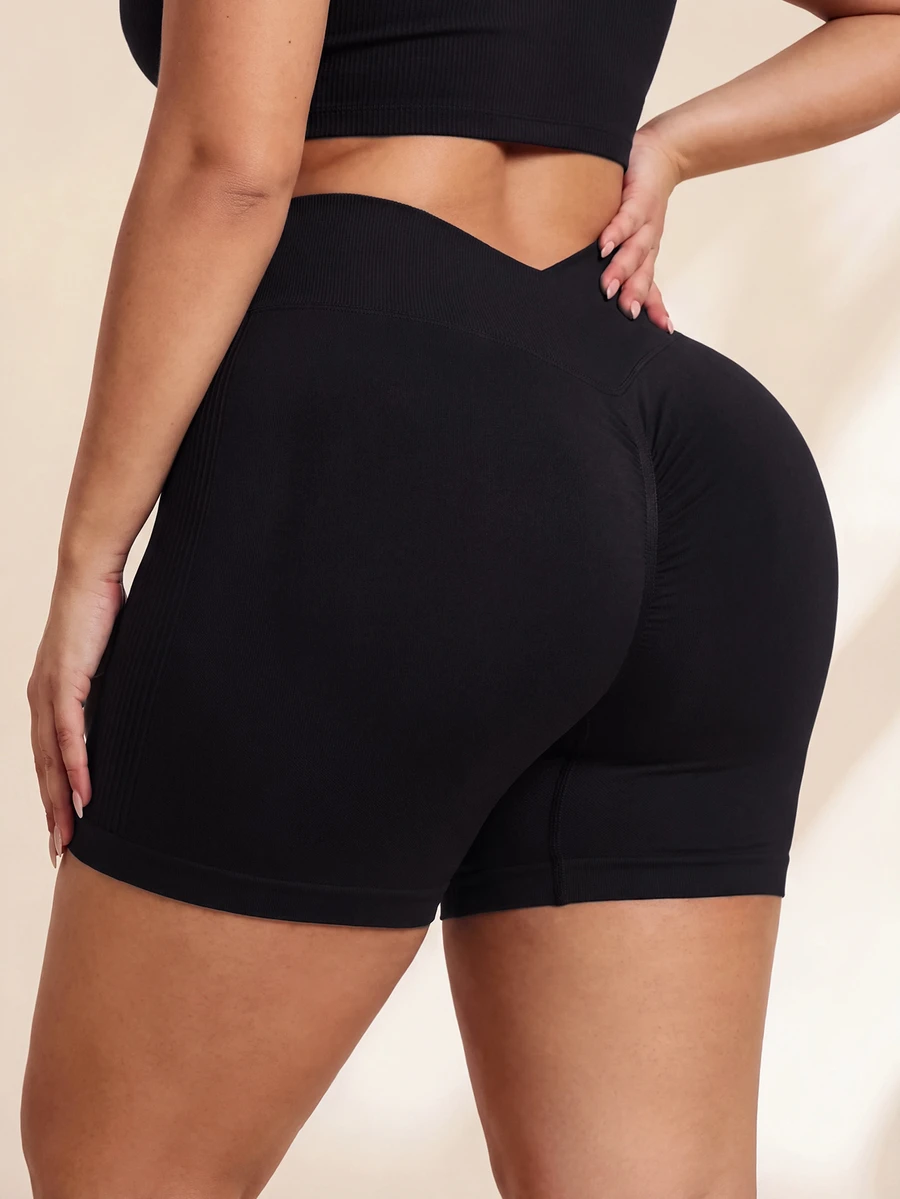 SHEIN Unity Seamless High Elasticity Plus Size Women's Sports Shorts Gym Pilates Black Summer - Black - View 1