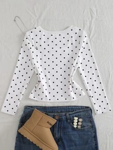1pc Tween Girls T-Shirt, Round Neck Long Sleeve Slim Fit Polka Dot Pattern Top, Casual Everyday T-Shirt For Autumn - White - View 9
