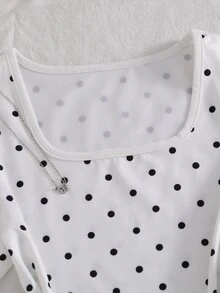 1pc Tween Girls T-Shirt, Round Neck Long Sleeve Slim Fit Polka Dot Pattern Top, Casual Everyday T-Shirt For Autumn - White - View 5