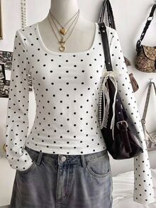 1pc Tween Girls T-Shirt, Round Neck Long Sleeve Slim Fit Polka Dot Pattern Top, Casual Everyday T-Shirt For Autumn - White - View 1