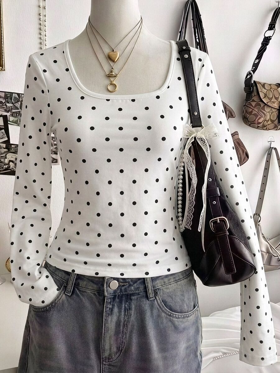 1pc Tween Girls T-Shirt, Round Neck Long Sleeve Slim Fit Polka Dot Pattern Top, Casual Everyday T-Shirt For Autumn - White - View 1